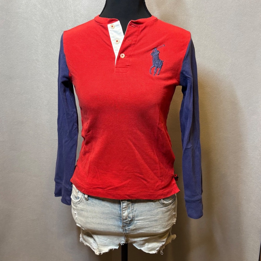 Polo Ralph Lauren Girls Red Navy Colorblock Big Pony Henley Long Sleeve 7 (Xs)